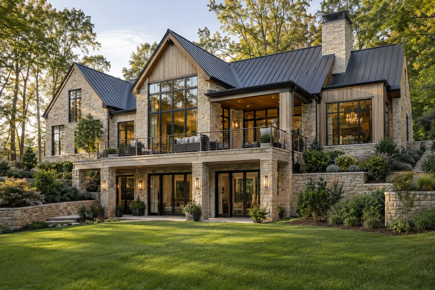 Illustrative luxury custom home with a coherent daylight walkout lower level designed into a landscaped slope