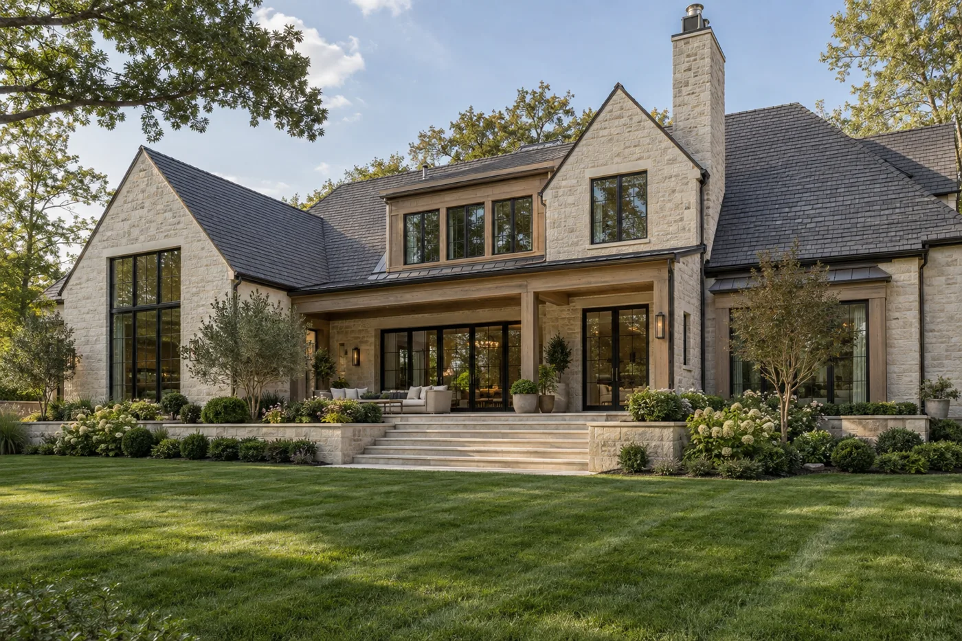 Limestone custom home with a charcoal roof and landscaped rear lawn; illustrative architecture, not a Max Built project