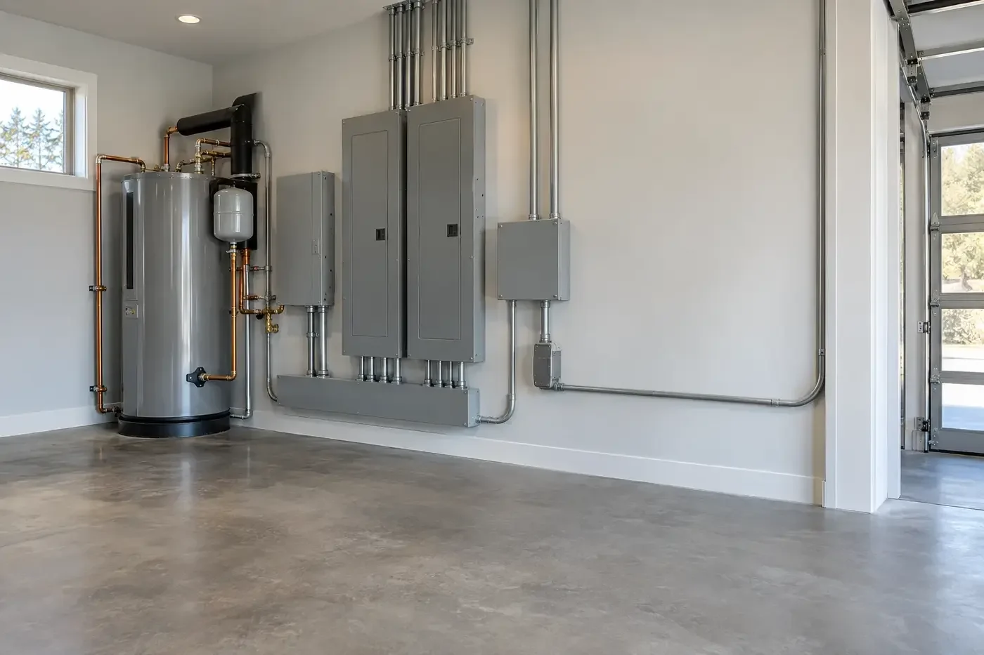 Illustrative clean custom-home utility room with organized electrical panels and a reserved conduit path