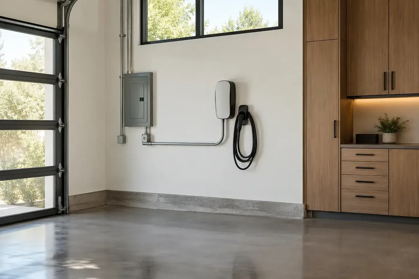 Illustrative finished luxury garage with a discreet wall-mounted electric vehicle charger and organized cable