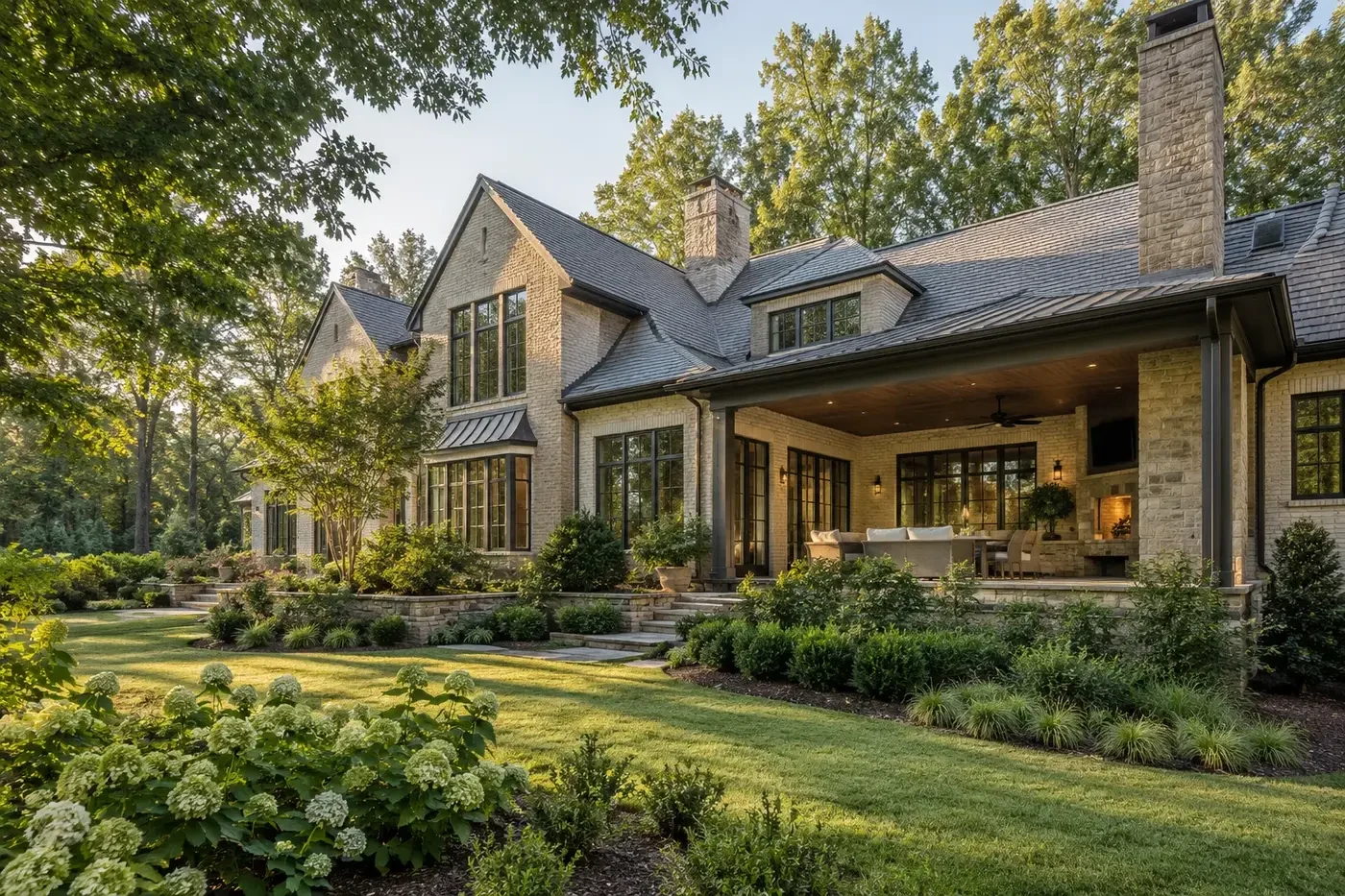 Illustrative luxury Charlotte-area custom home coordinated with layered landscaping, preserved trees, and a garden-facing terrace