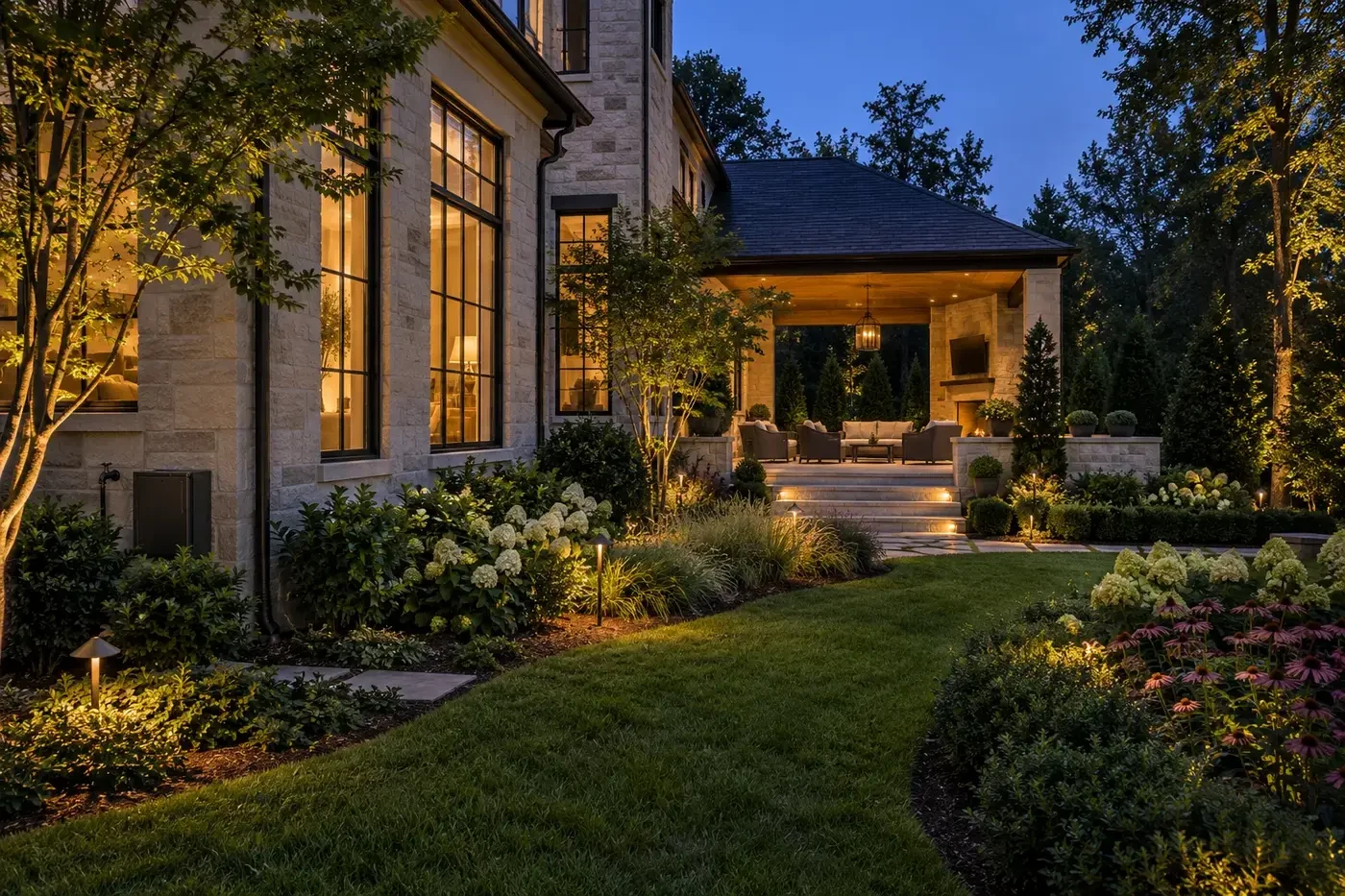Illustrative luxury custom-home garden with restrained path lighting and layered planting zones at dusk