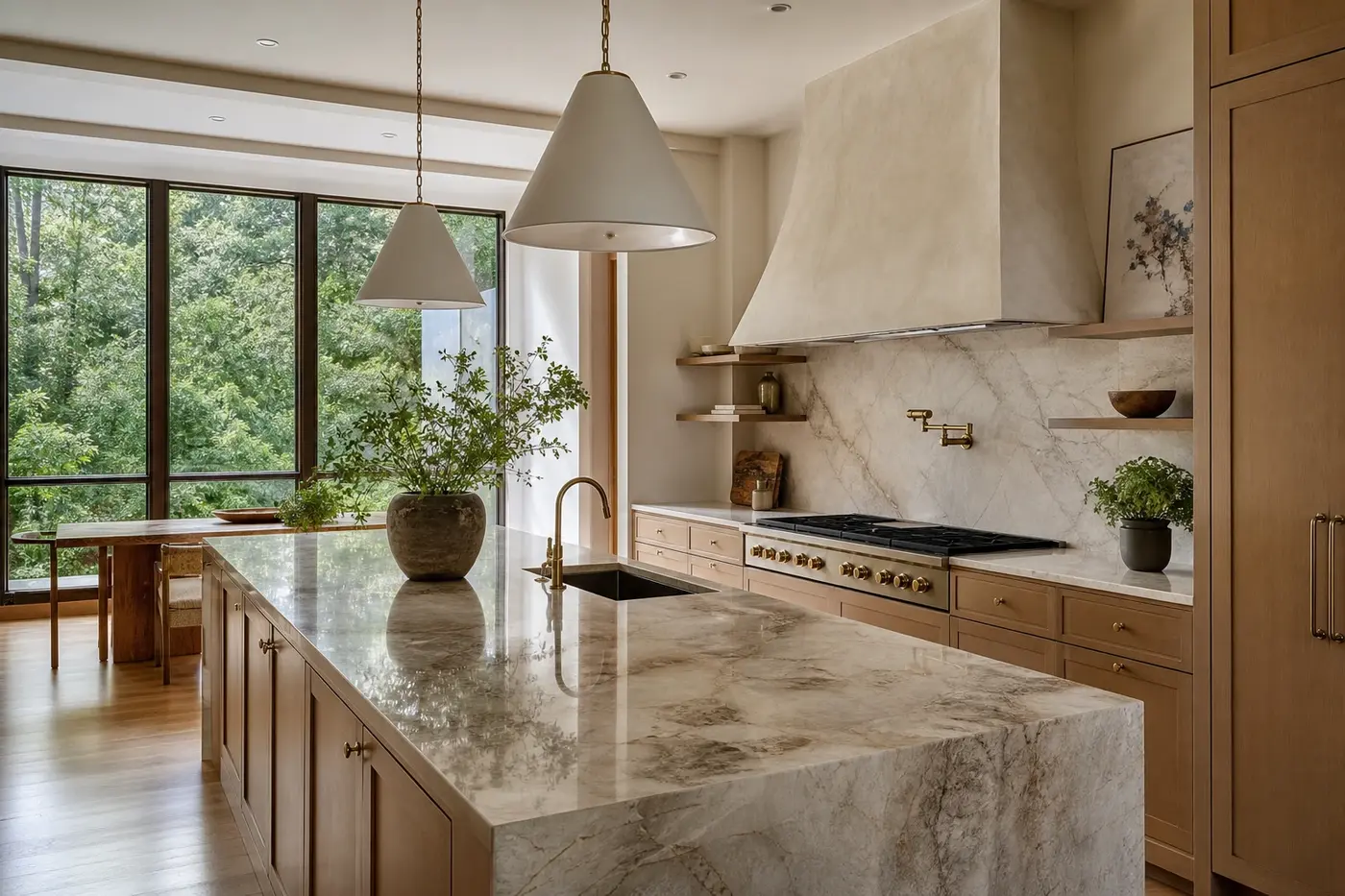 Warm modern luxury kitchen with a quartzite island, white oak cabinetry, and garden-facing windows