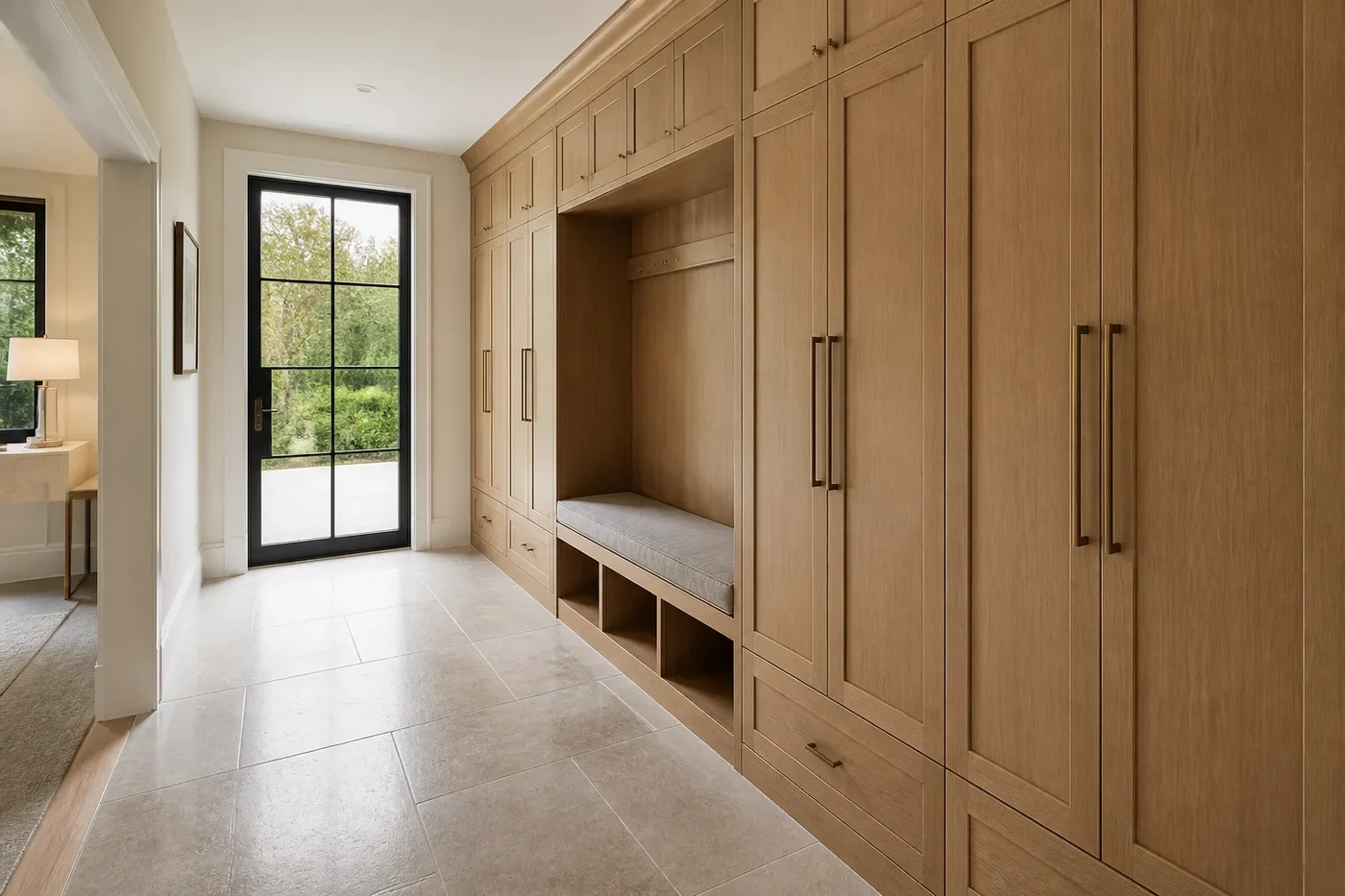 New Charlotte luxury custom home with a garden entry and full-height white oak storage built into the arrival hall