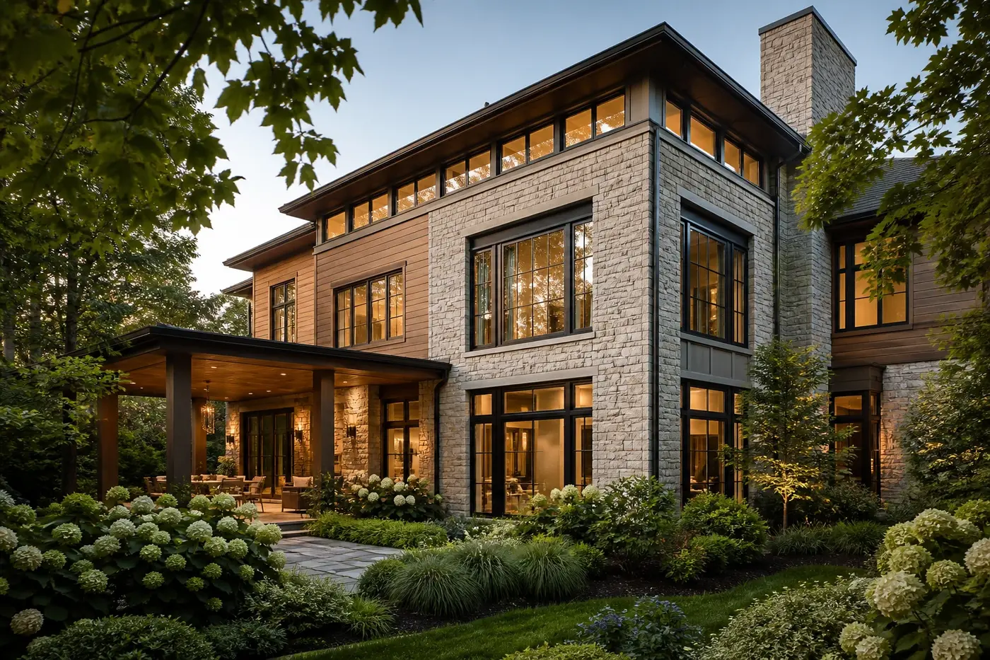 New Charlotte luxury custom home with carefully composed black-framed windows facing a private garden