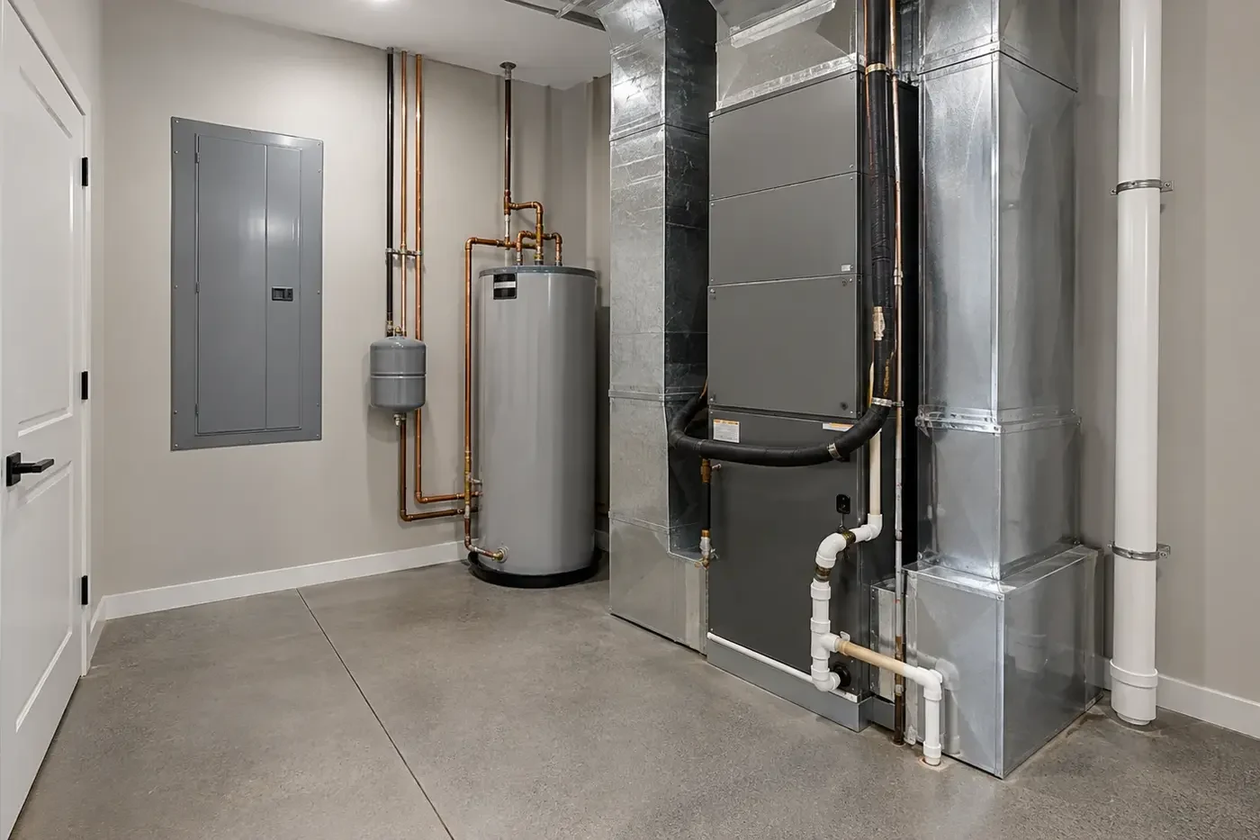 Illustrative organized residential systems room with coordinated equipment, ducts, piping, and service space