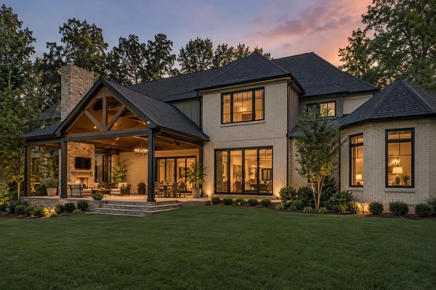 Illustrative completed luxury custom home with a finished rear terrace and coordinated exterior details