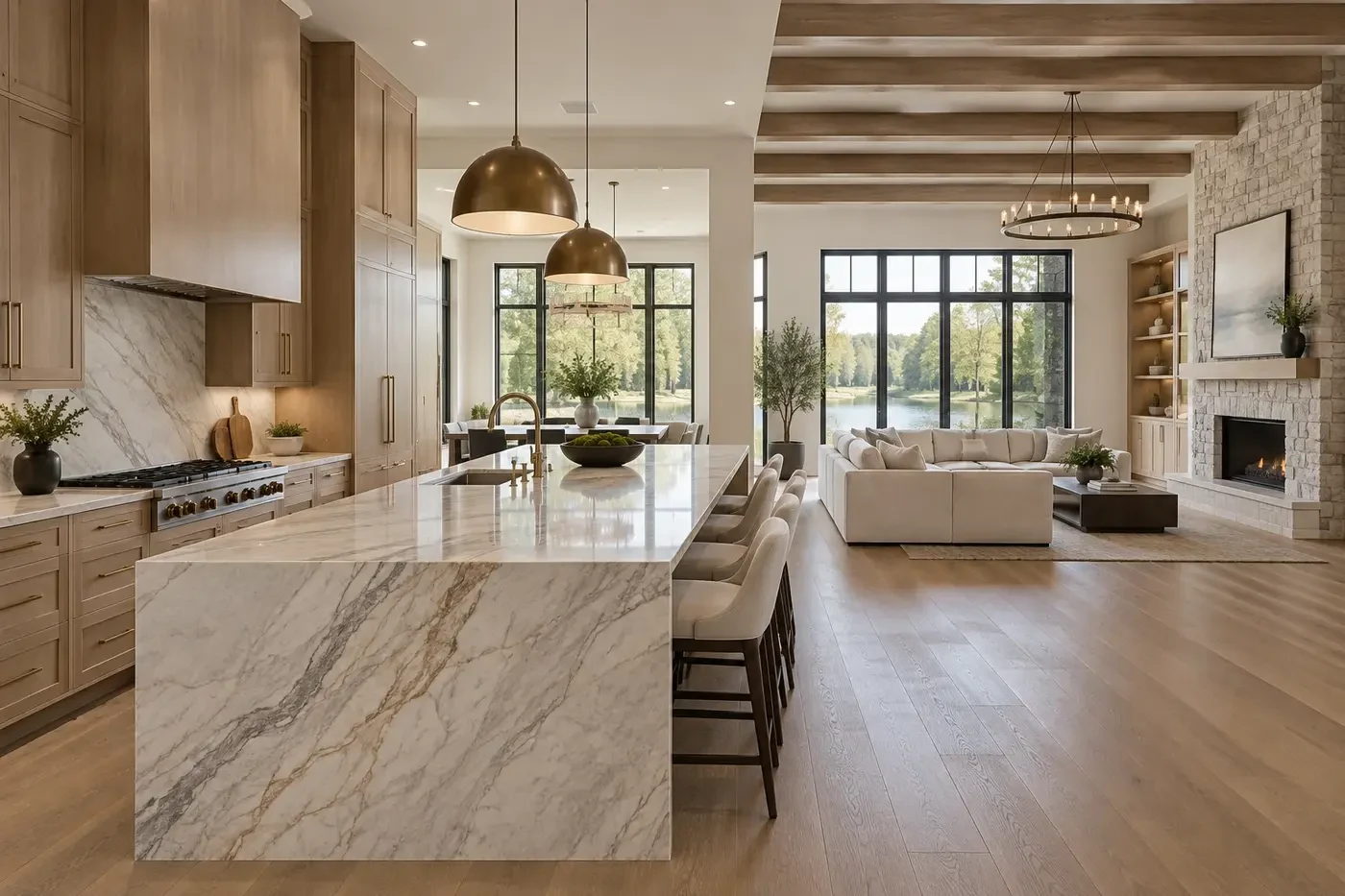 Illustrative luxury custom-home kitchen showing coordinated cabinetry, stone, appliances, fixtures, and lighting selections