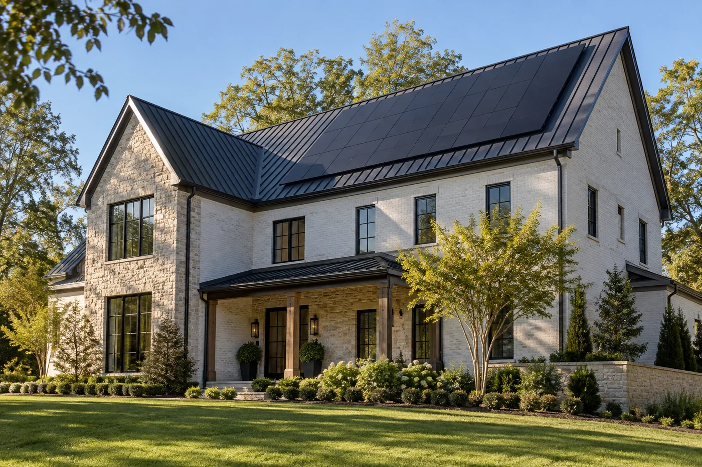 Illustrative luxury custom home with a simple dark roof plane and a coordinated rooftop solar array