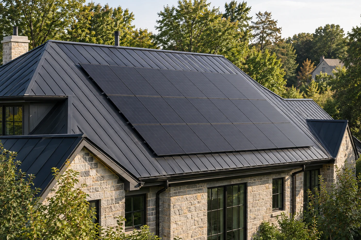 Illustrative standing-seam custom-home roof with a clear, coordinated photovoltaic array and uncluttered drainage edges