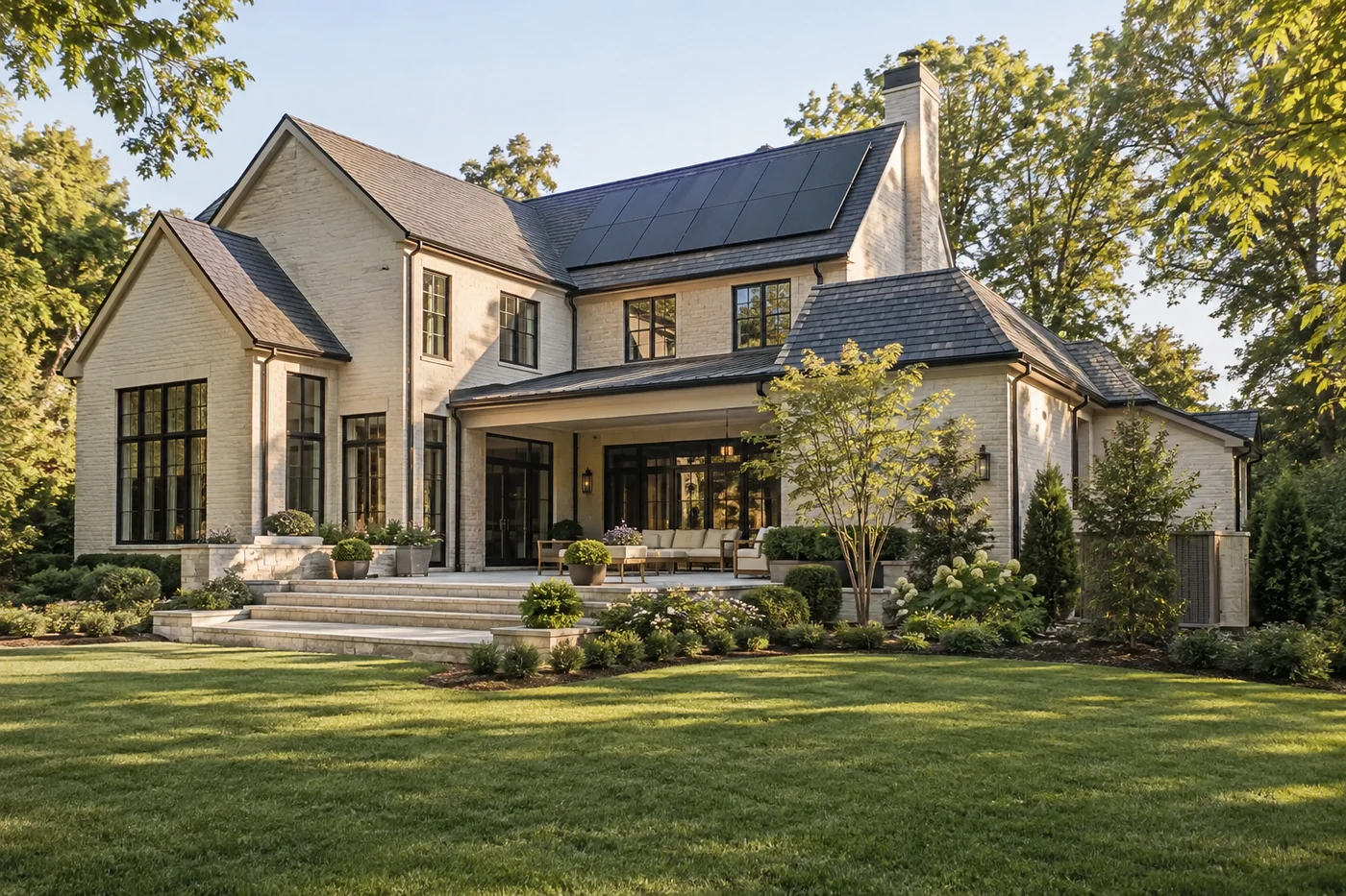 Illustrative Charlotte-area custom home with a solar array positioned for open sky beyond preserved mature trees